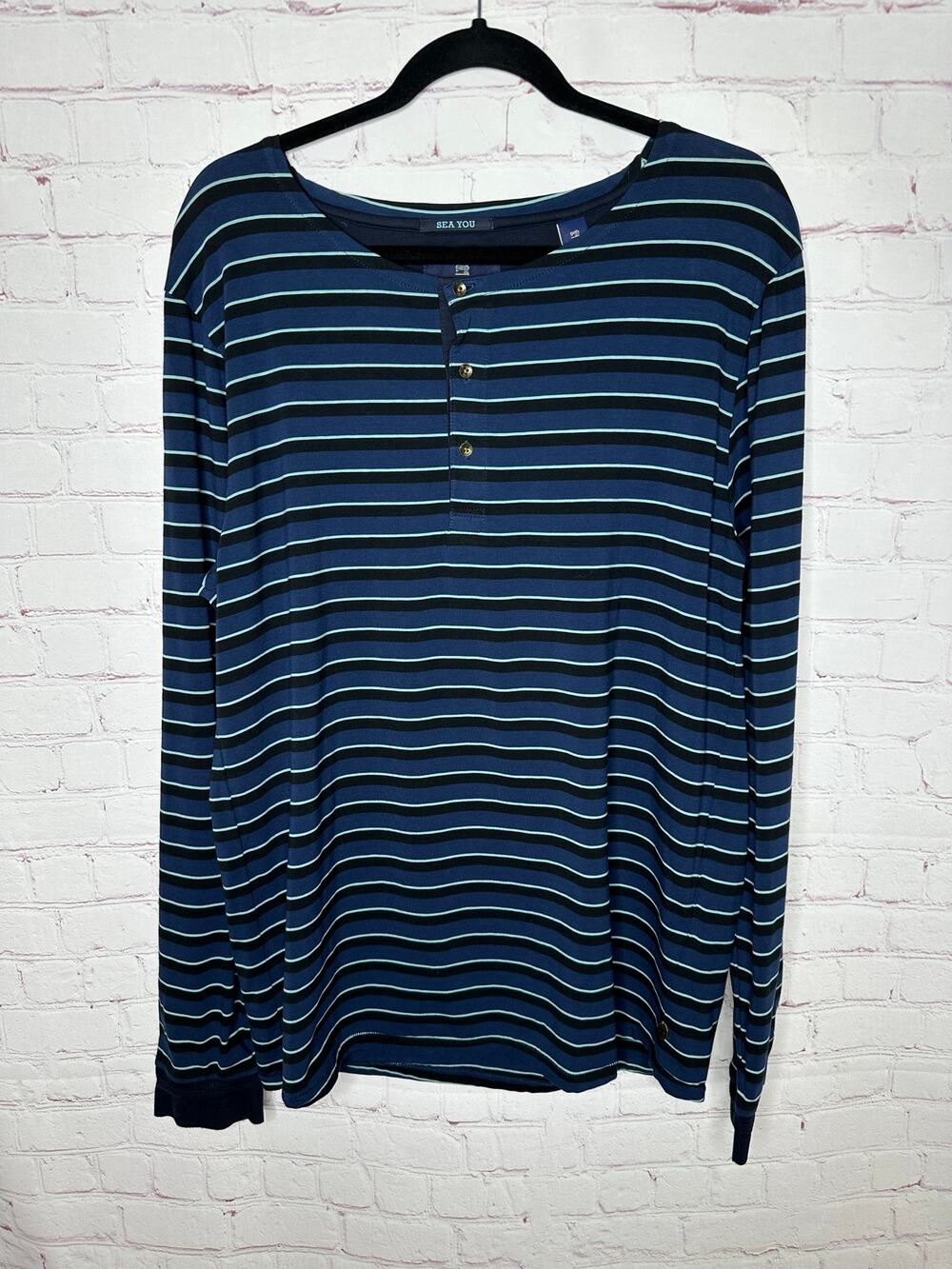 NEW Scotch & Soda Navy Blue Striped Long Sleeve Grandad Tee Men's XL NWT